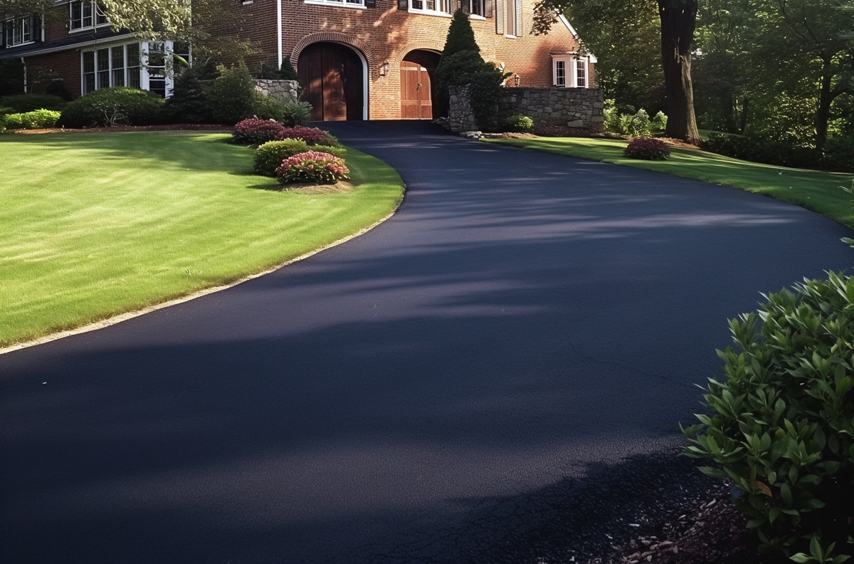 Freshly sealcoated residential asphalt driveway